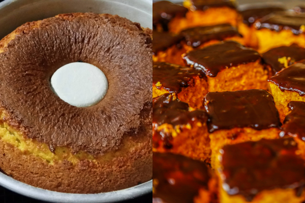 forma de bolo de cenoura e bolo de cenoura com cobertura