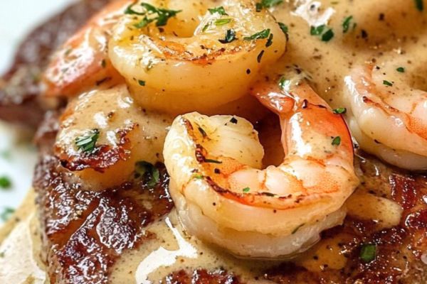 Carne com Camarão ao Molho Cremoso de Alho camarão em cima de um bife