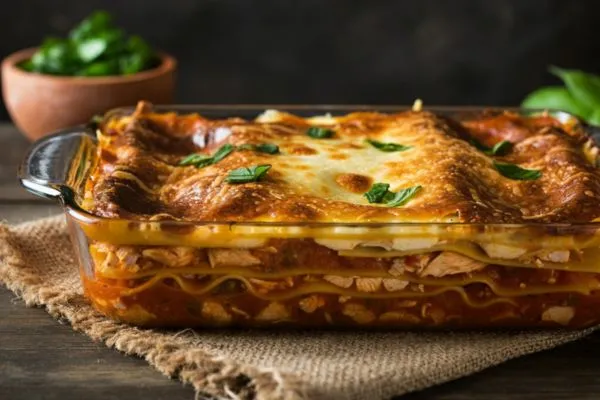 lasanha de frango com couve dentro de uma vasilha de vidro.