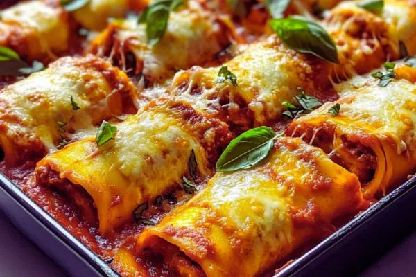 Rolo de Lasanha Recheada com Carne e Ricota rolo de lasanhas recheadas dentro de uma forma