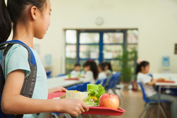 desperdício de alimentos nas escolas uma criança com bolsa nas costas e bandeja com salada e maçã